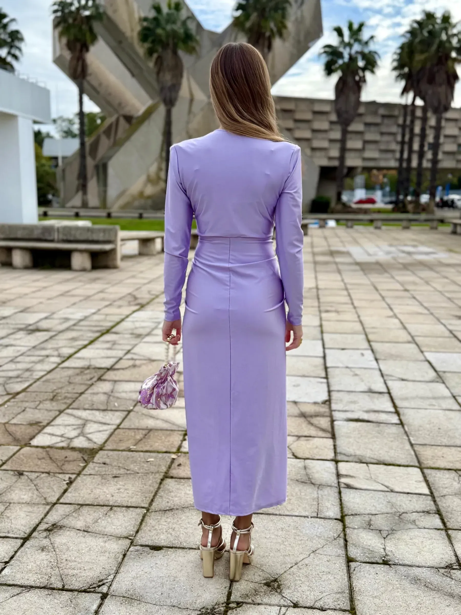 Lavender Ruched Twist Front Midi Dress with Long Sleeves & Side Slit