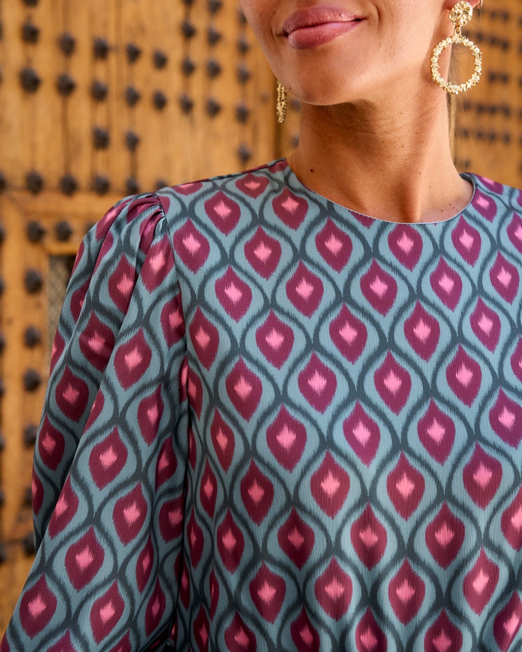 Geometric Print Puff - Sleeve Maxi Dress