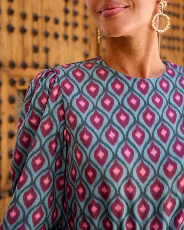 Geometric Print Puff - Sleeve Maxi Dress