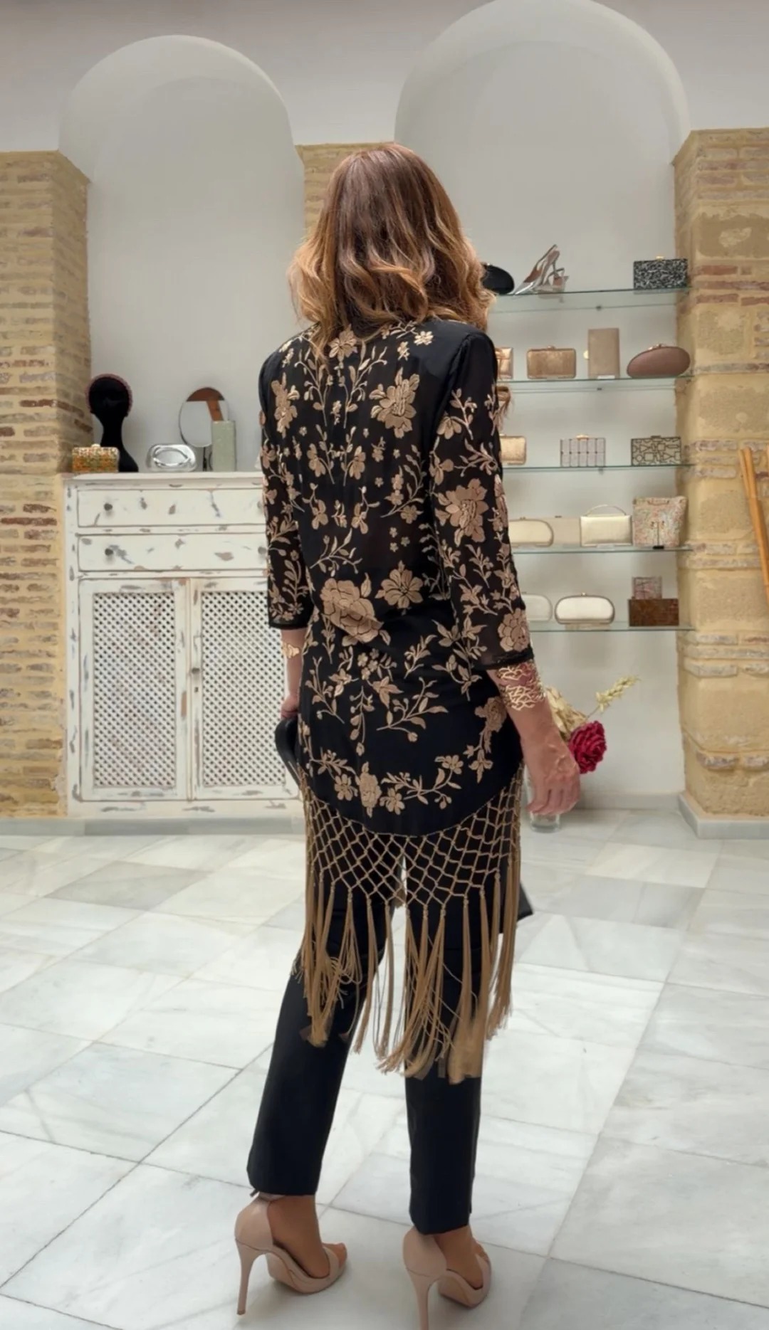 Elegant Black & Gold Embroidered Tassel Kimono Set, Formal Two-Piece Outfit