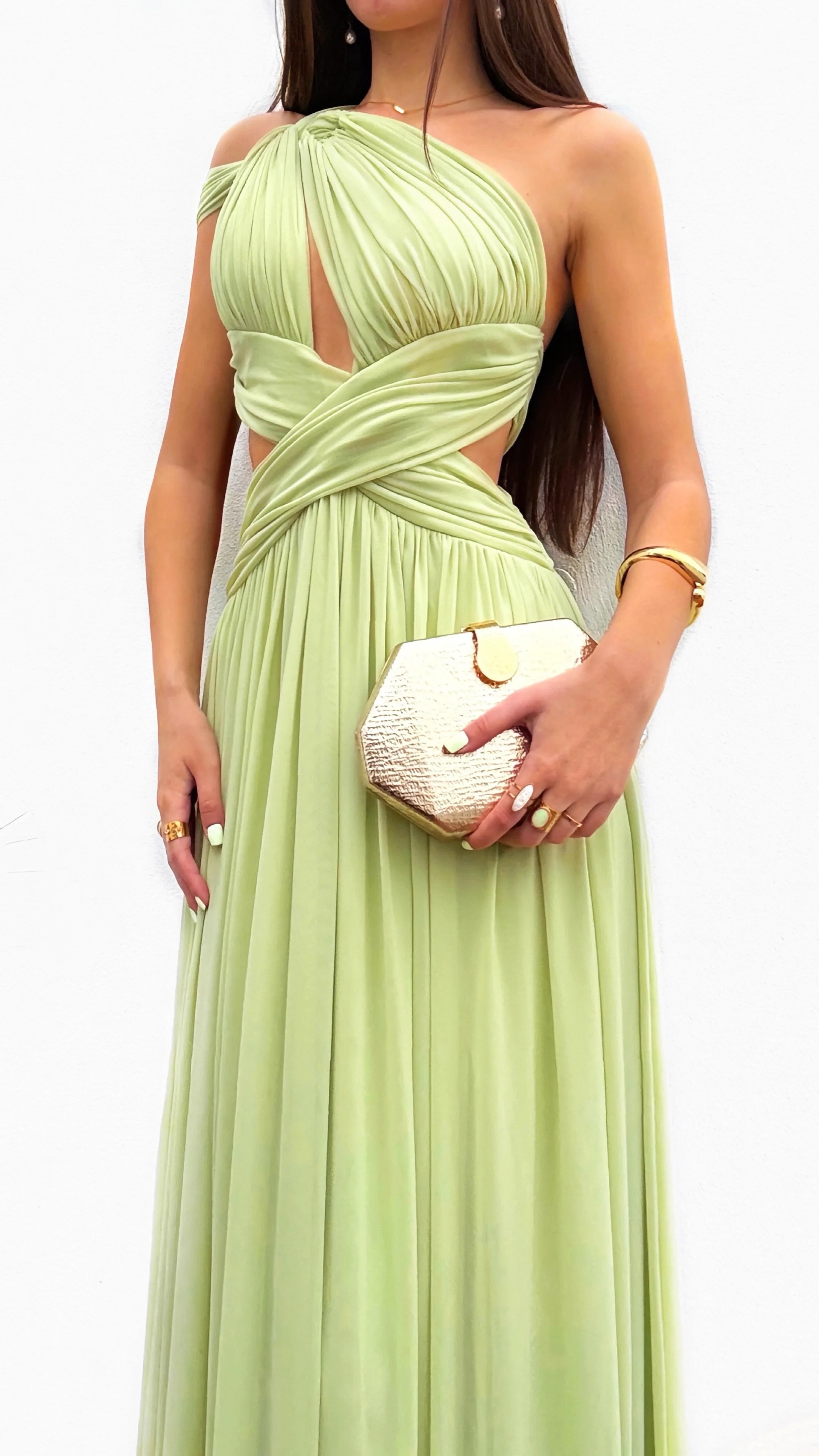 Sage Green Halter Neck Maxi Dress with Cutout Waist & Flowing Chiffon Skirt