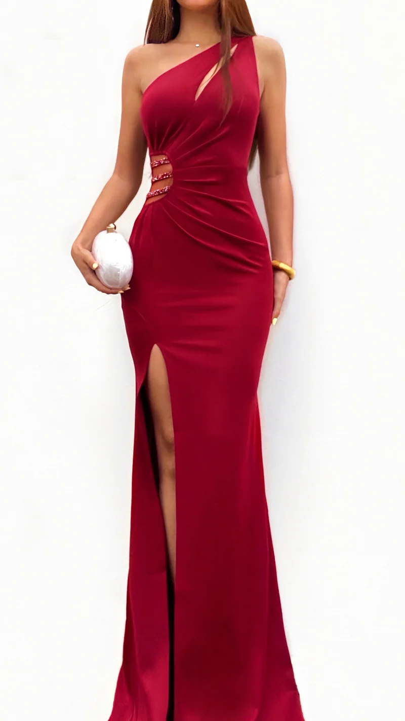 Burgundy One-Shoulder Mermaid Maxi Dress with Cutout & Beaded Waist Detail