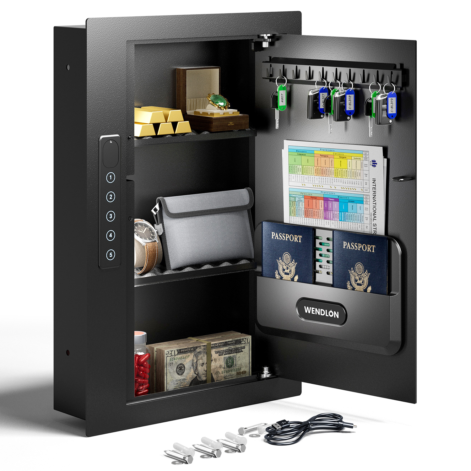 Black Hidden Wall Safe, 16" Stud Centers, Quick Access with Document Storage for Cash Valuables