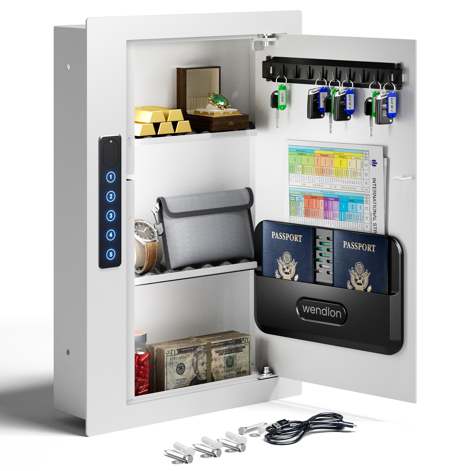White Hidden Wall Safe, 16" Stud Centers, Quick Access with Document Storage for Cash Valuables