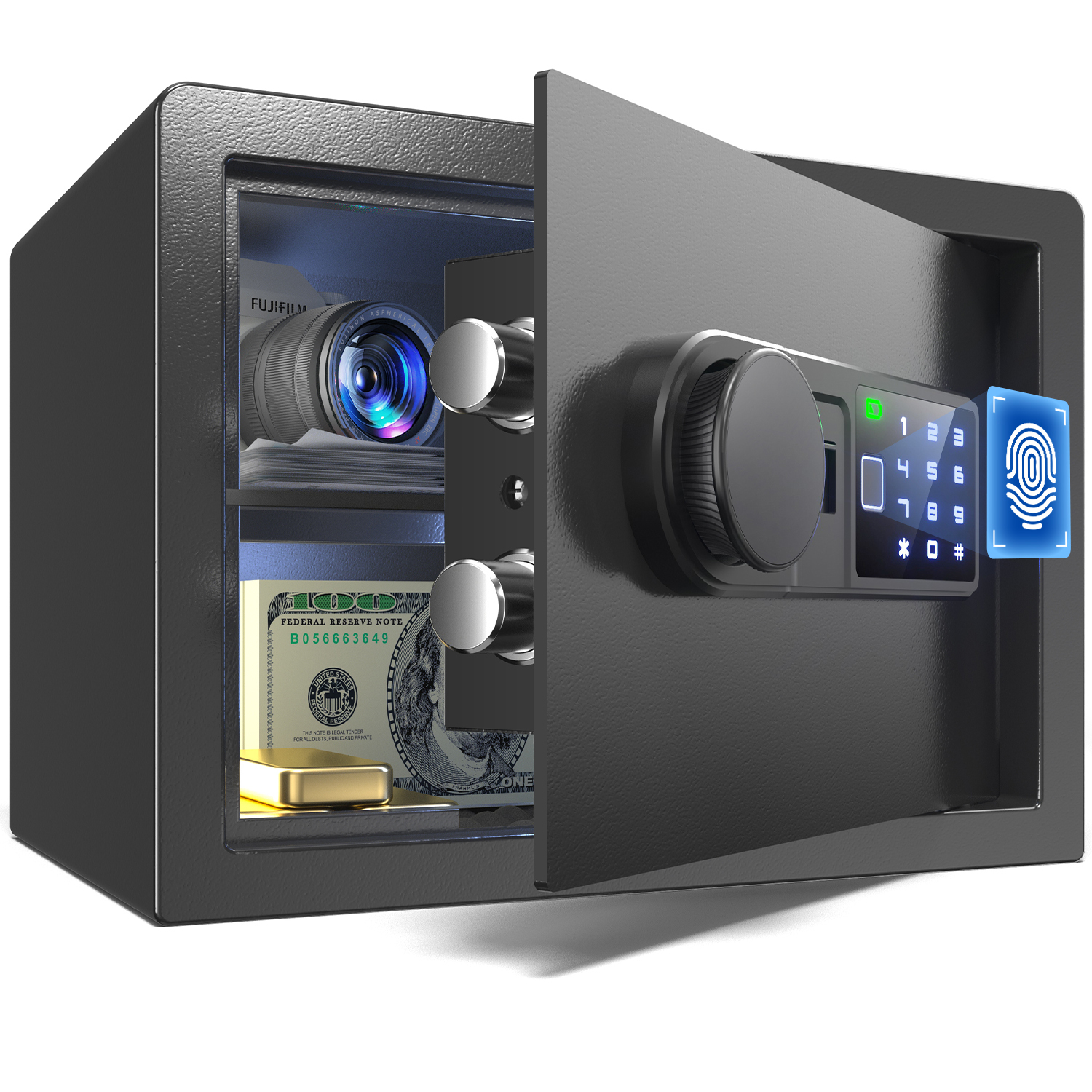 Biometric Safe box for home - (0.80 cu. ft.) Fingerprint Lock Box with Silent Mode, Backlit Keypad and LED Light, Small Caja Fuerte with Anti-Rust and Anti-Theft