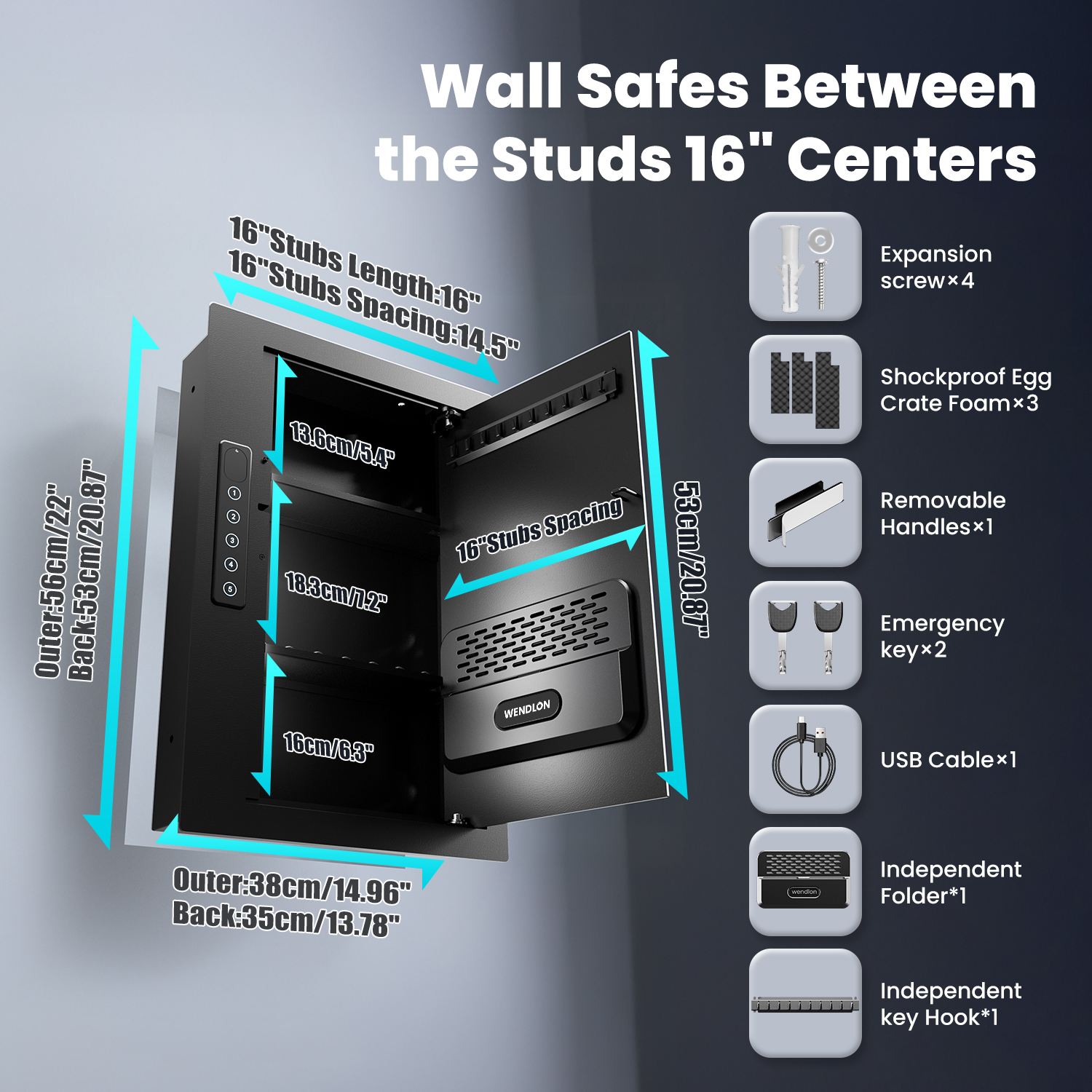 Black Hidden Wall Safe, 16" Stud Centers, Quick Access with Document Storage for Cash Valuables