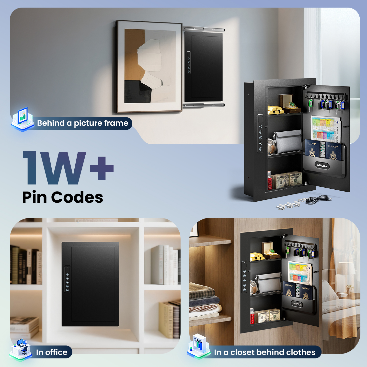 Black Hidden Wall Safe, 16" Stud Centers, Quick Access with Document Storage for Cash Valuables