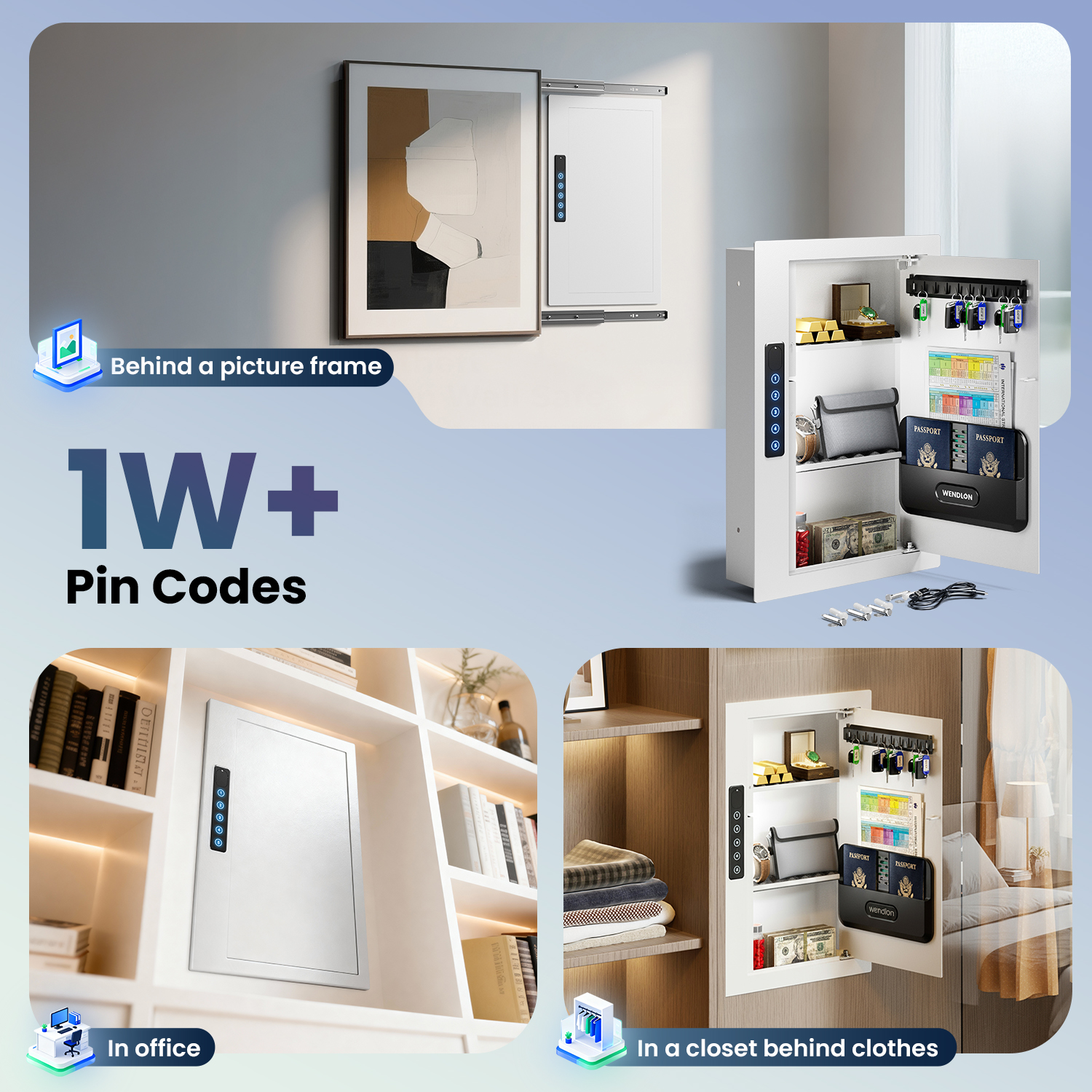 White Hidden Wall Safe, 16" Stud Centers, Quick Access with Document Storage for Cash Valuables