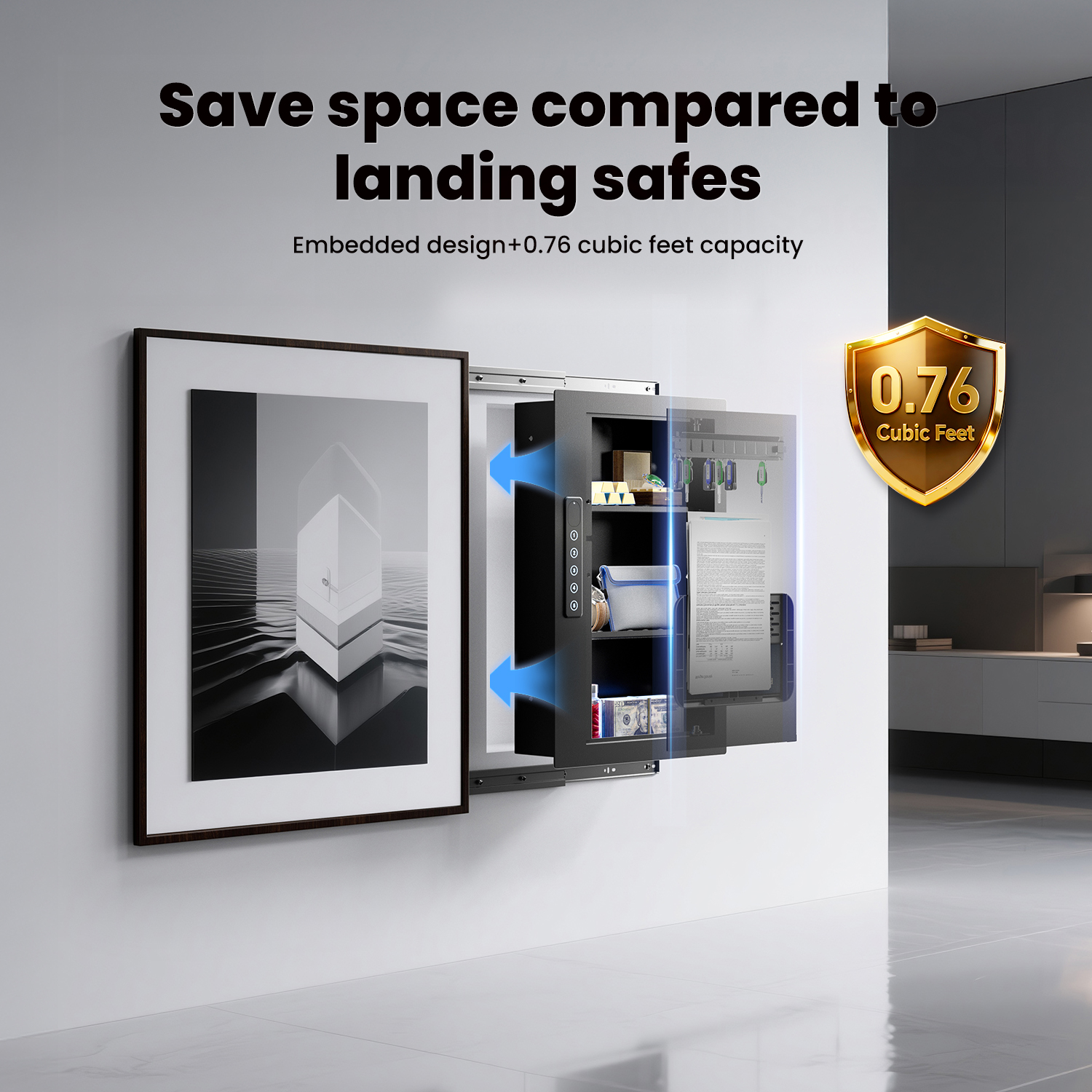 Black Hidden Wall Safe, 16" Stud Centers, Quick Access with Document Storage for Cash Valuables