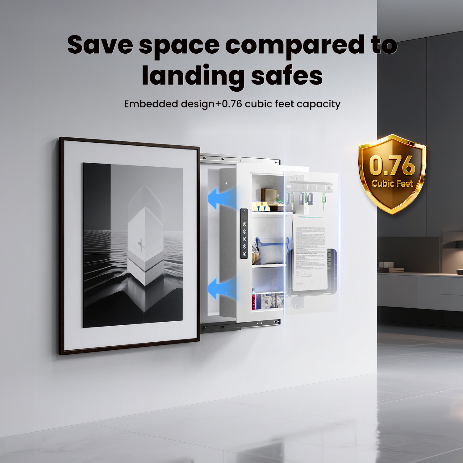 White Hidden Wall Safe, 16" Stud Centers, Quick Access with Document Storage for Cash Valuables