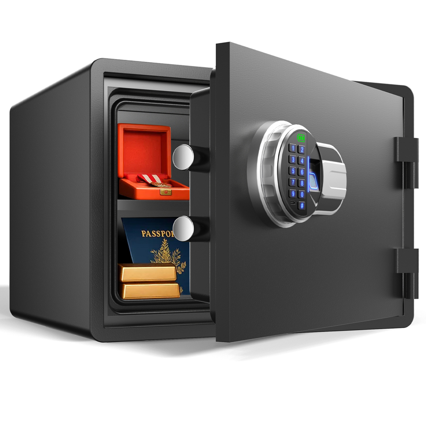 Fireproof and waterproof biometric safe,weighs 33 KG. Fire proof box for home,office,lock box,cabinet with fingerprint