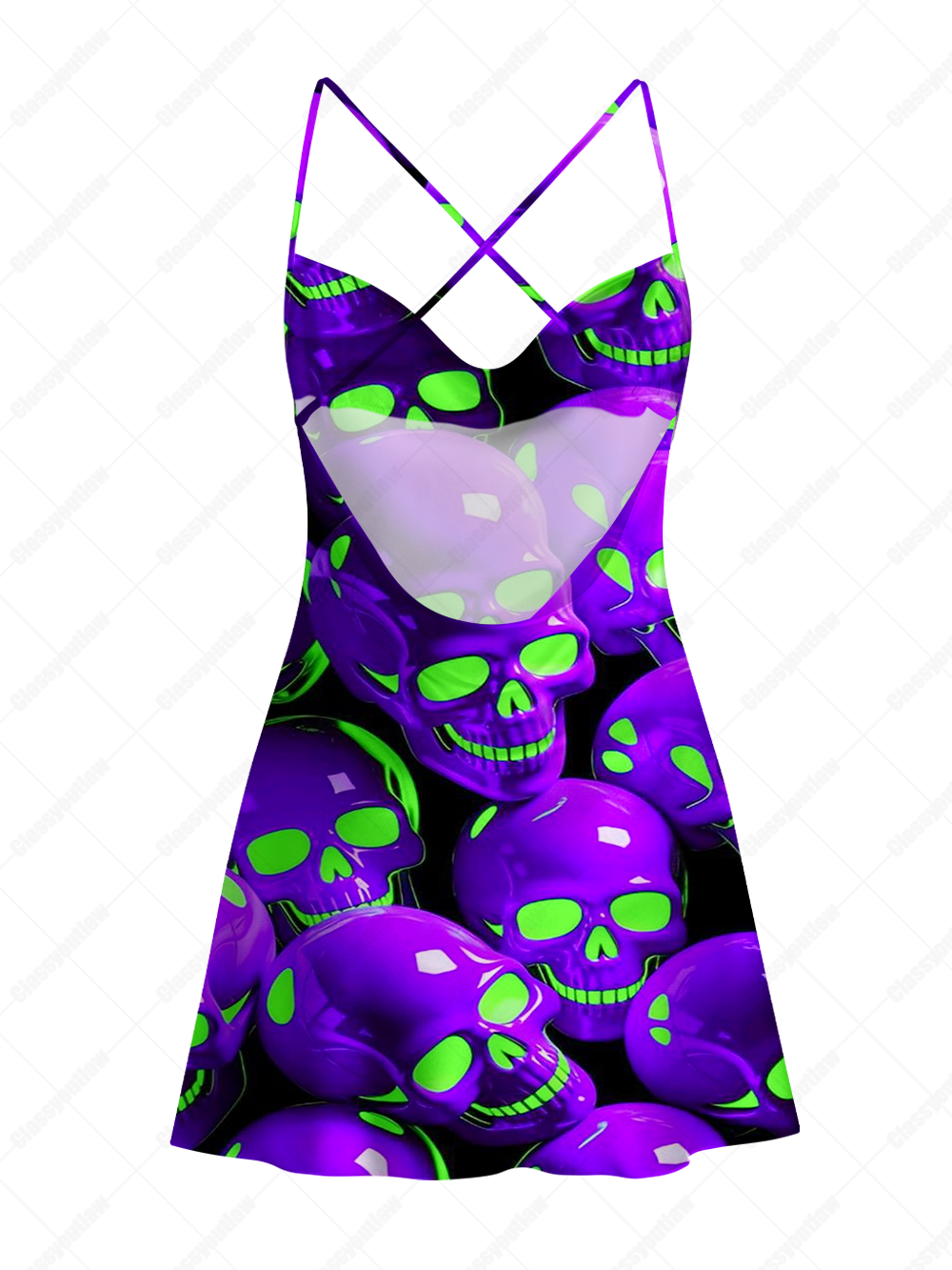 NEON SKULL SATIN CROSS BACK MINI DRESS