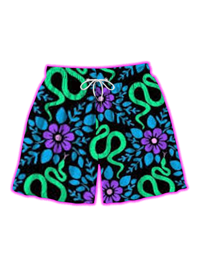 Serpents And Blooms Over Print Shorts