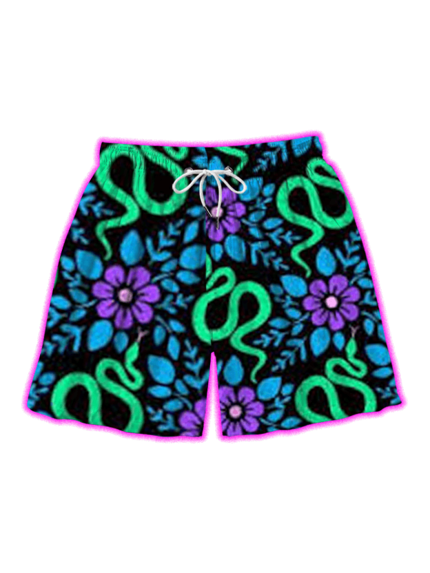 Serpents And Blooms Over Print Shorts