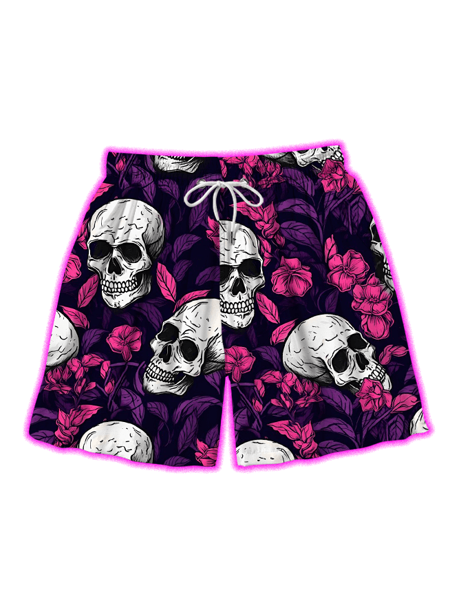 Skulls And Blossoms All Over Print Shorts
