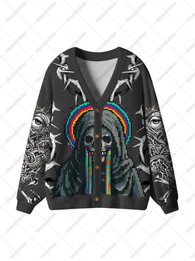 Pixelated Skull Gothic Ugly Cardigan Sweaters