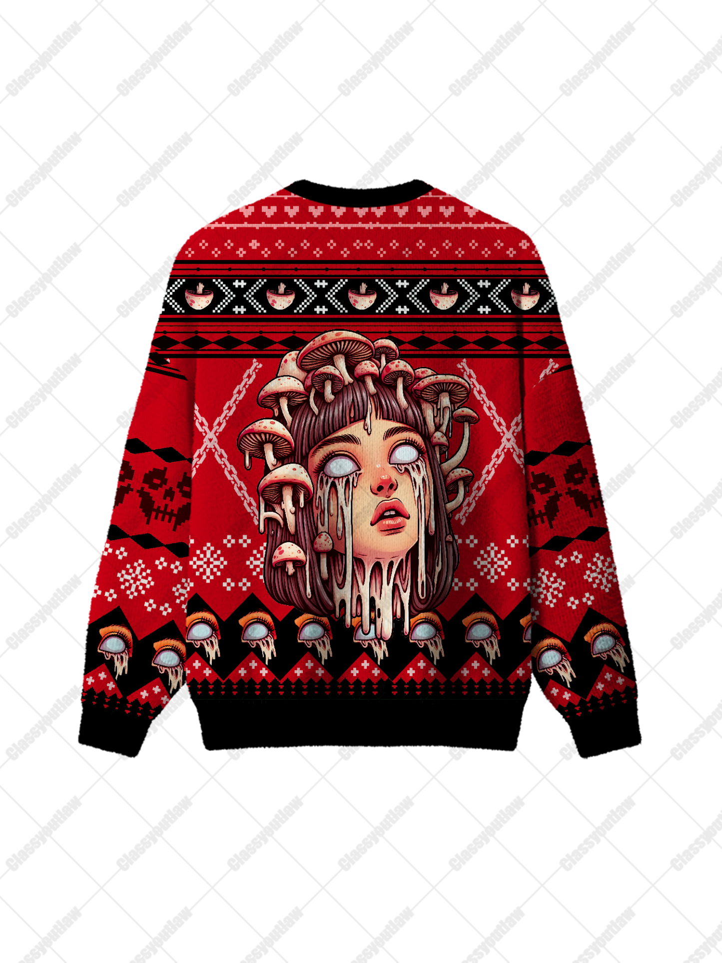 White-Eyed Mushroom Girl UGLY CHRISTMAS SWEATSHIRT