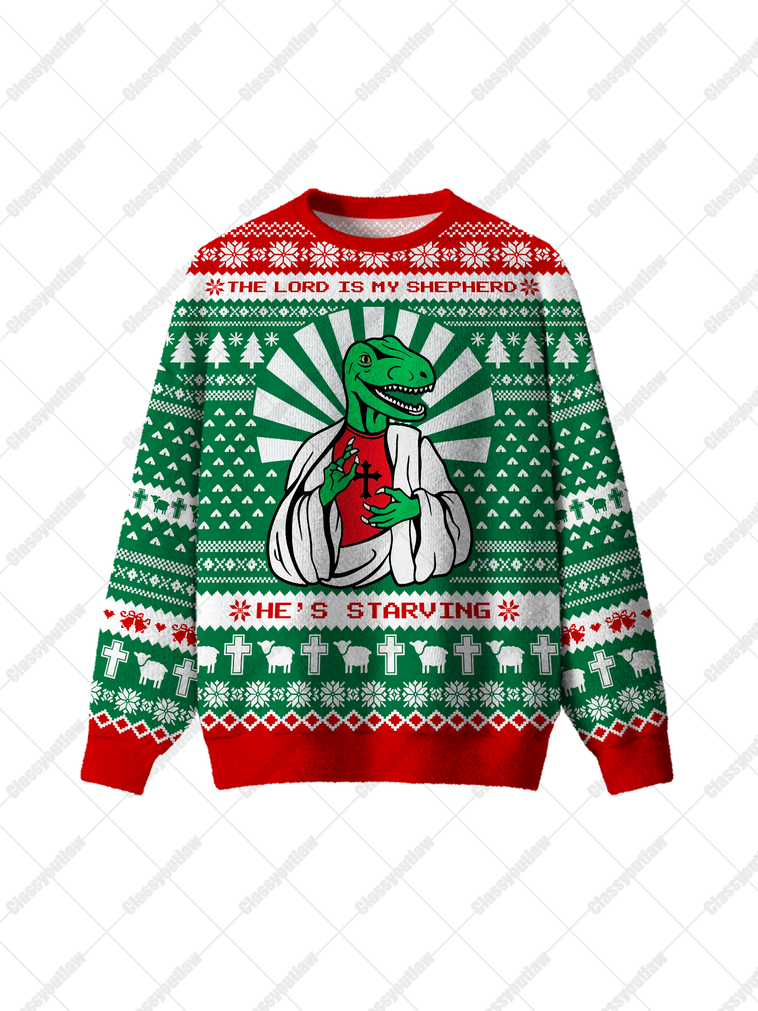 Dinosaur Religion UGLY CHRISTMAS SWEATSHIRT-ClassyOutlaw Sale