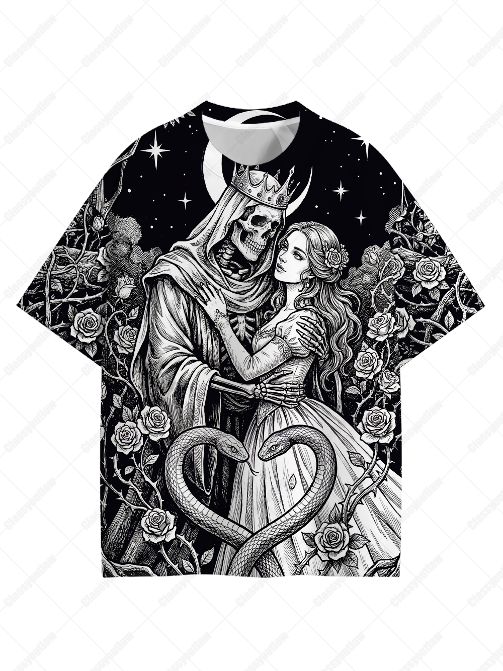 Moonlit Skeleton's Love Graphic T-shirt-ClassyOutlaw Sale