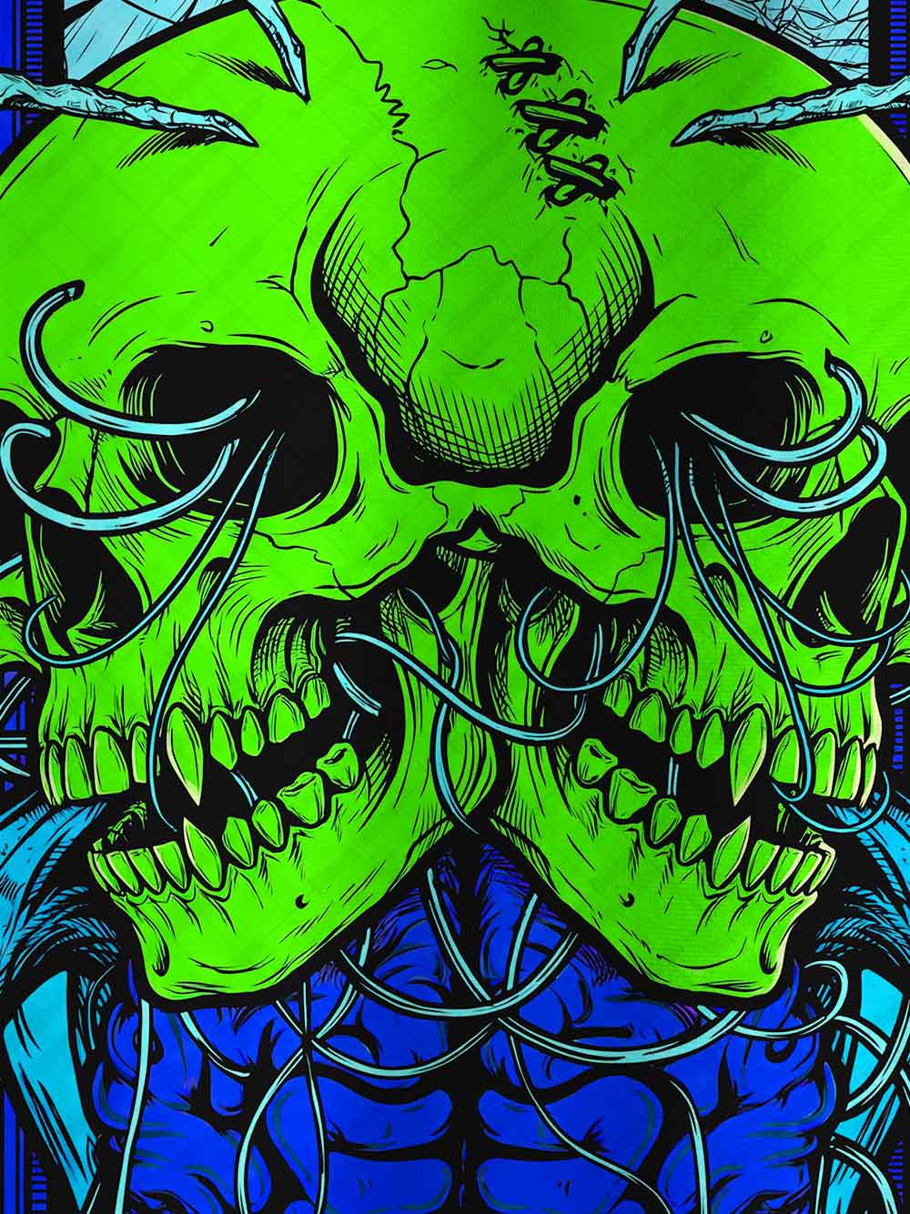 NEON GREEN SKELETON DOUBLE ROW ECO OVERSIZED GRAPHIC TEES