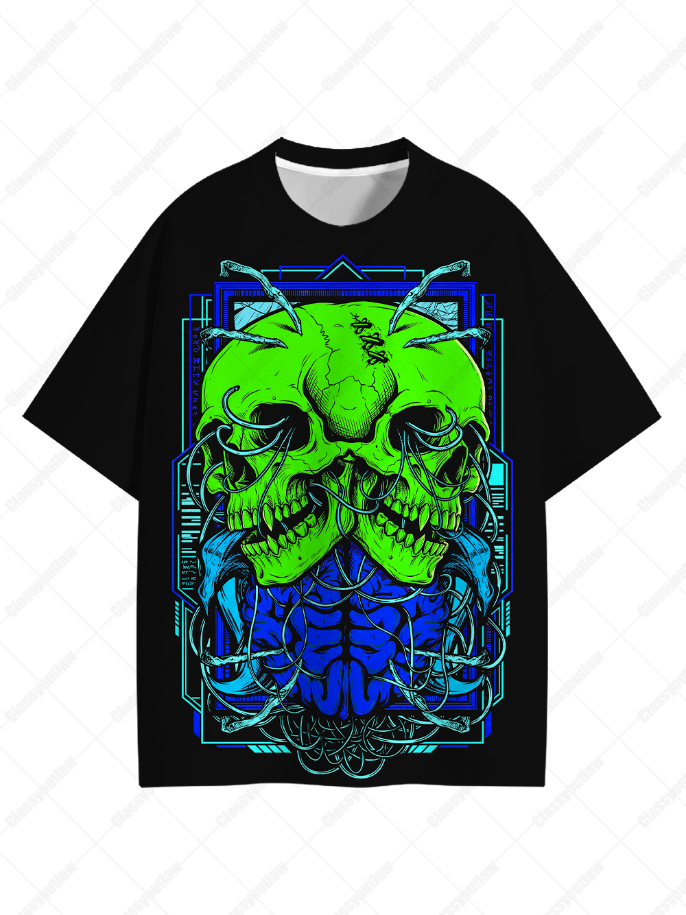 NEON GREEN SKELETON DOUBLE ROW ECO OVERSIZED GRAPHIC TEES