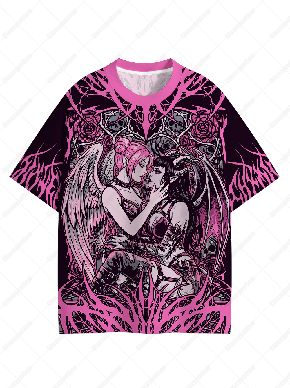 PINK ANGEL AND DEMON LOVERS ECO OVERSIZED GRAPHIC TEES