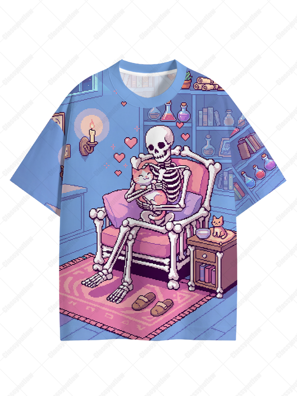 COZY SKELETON CAT LOVER ECO OVERSIZED GRAPHIC TEES