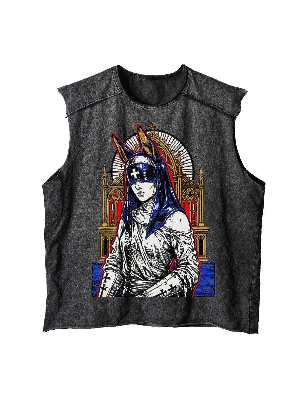 GOTHIC NUN WITH BUNNY EARS CHURCH DISTRESSED TANK TOP
