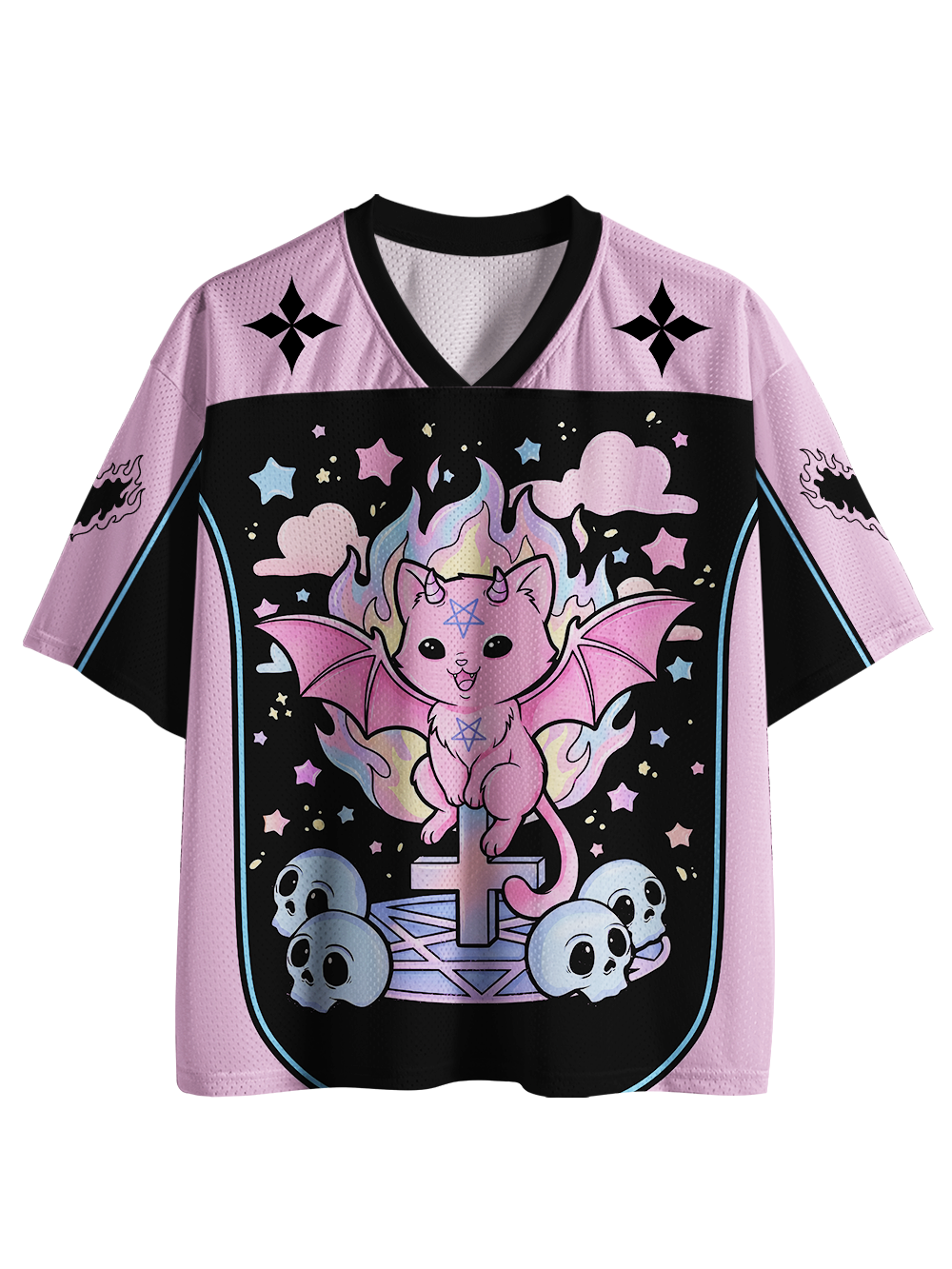 CUTE DEMON CAT ON SKULL ALTAR MESH JERSEY
