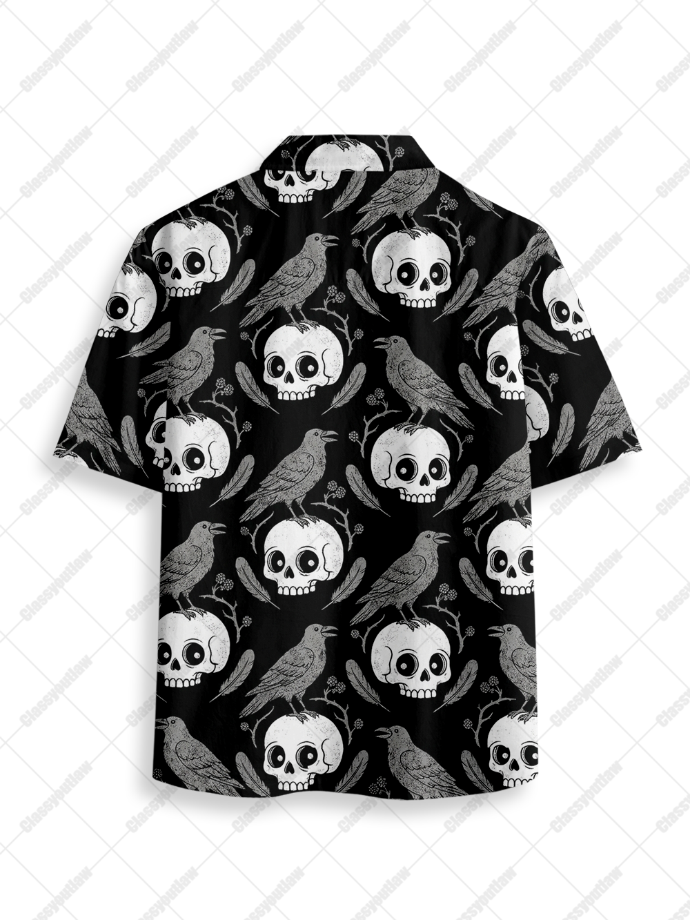 BLACK RAVEN AND SKULL BUTTON UP POCKET SHIRT