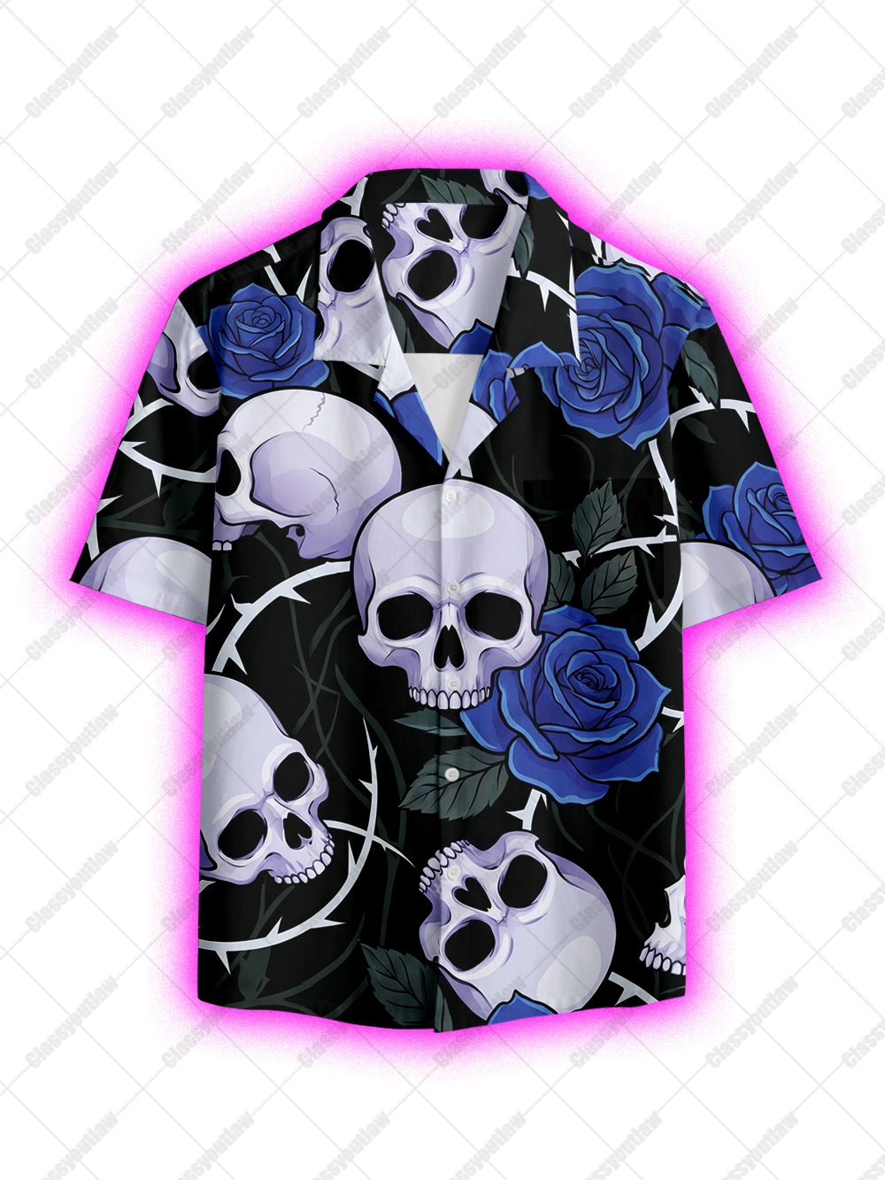 BLUE ROSE SKULL BUTTON UP POCKET SHIRT