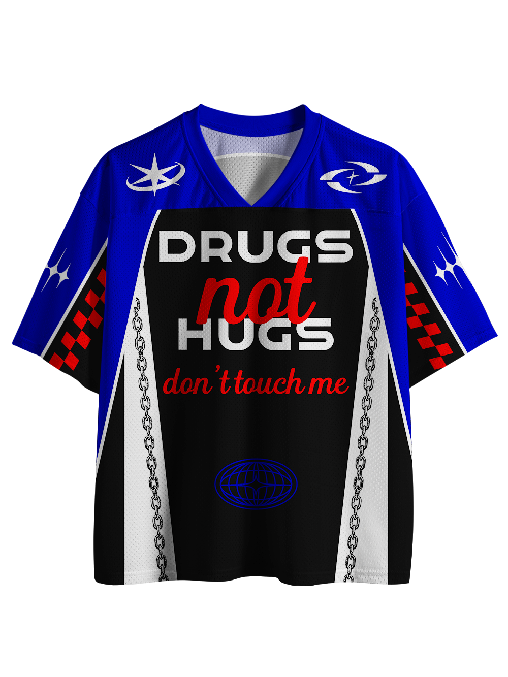 DRUGS NOT HUGS DON’T TOUCH ME MESH JERSEY