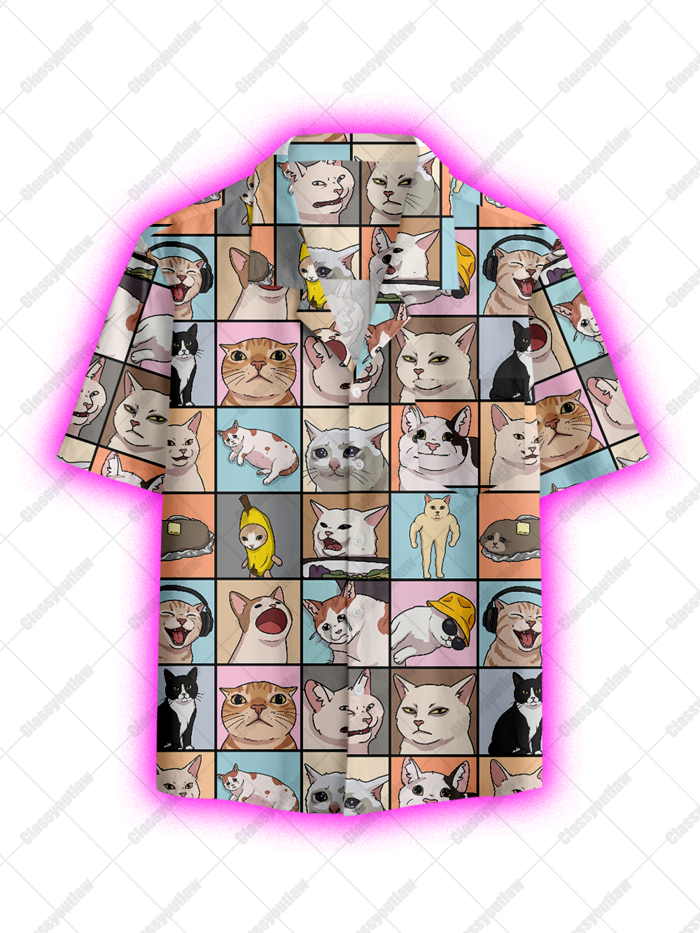 MEME CATS EMOTIONS BUTTON UP POCKET SHIRT