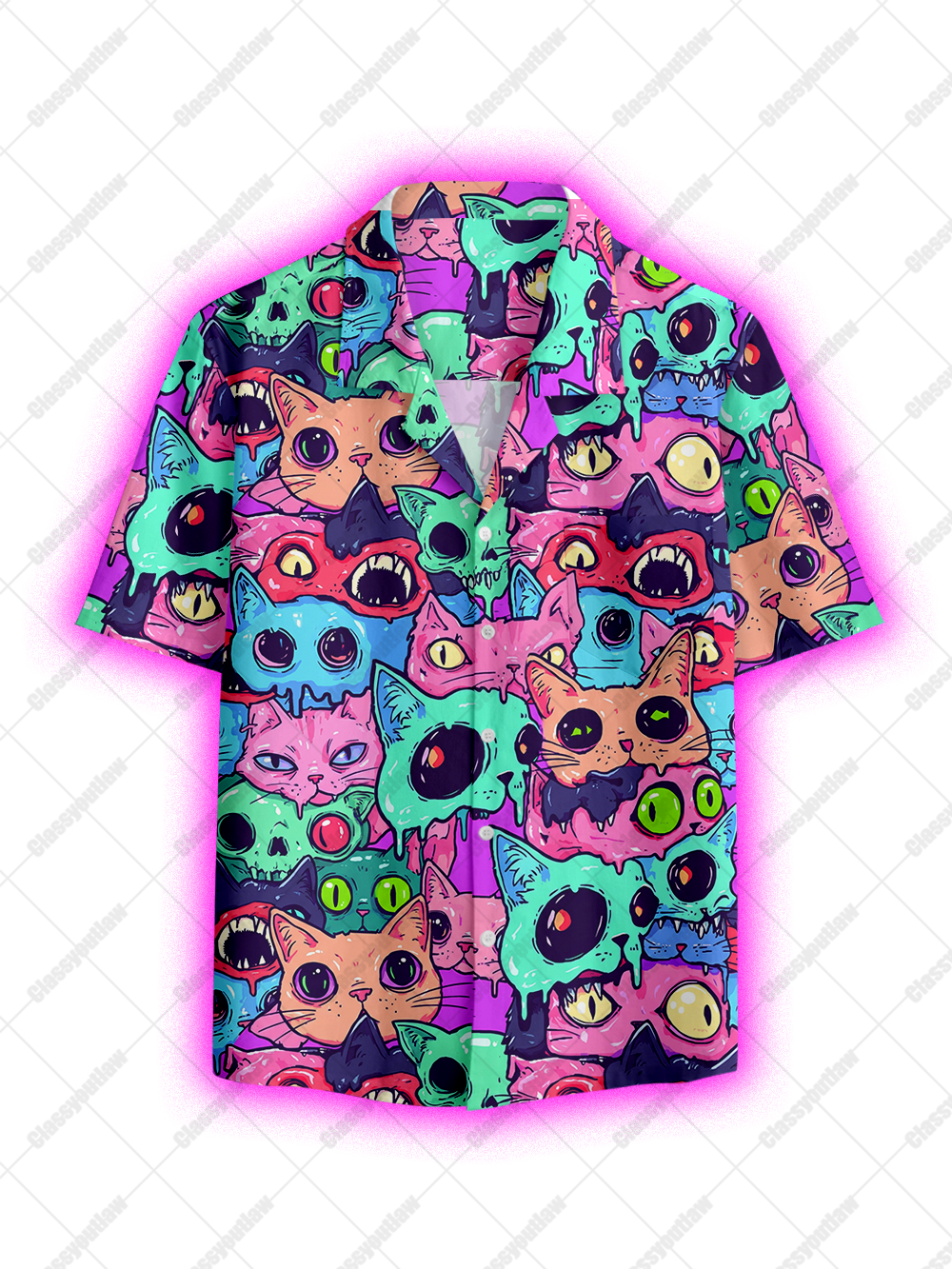 PSYCHEDELIC CAT CHAOS BUTTON UP POCKET SHIRT