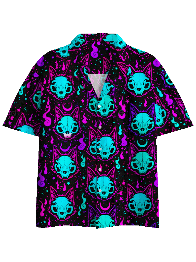 NEON CAT SKULL BUTTON UP POCKET SHIRT