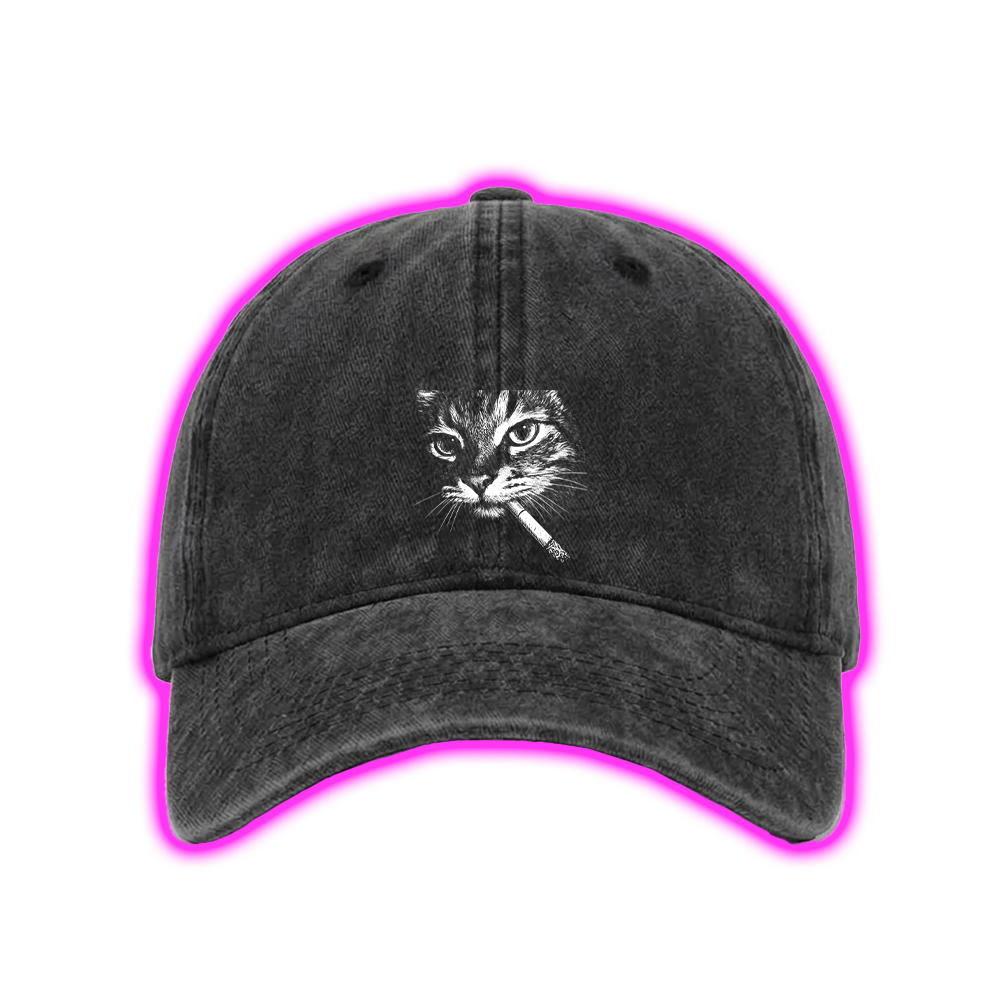 CAT WITH CIGARETTE WASHED VINTAGE BASEBALL CAP