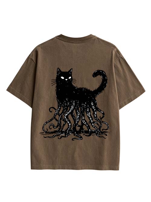 Octopus Tentacle Cat Double Sided Print Washed TShirt