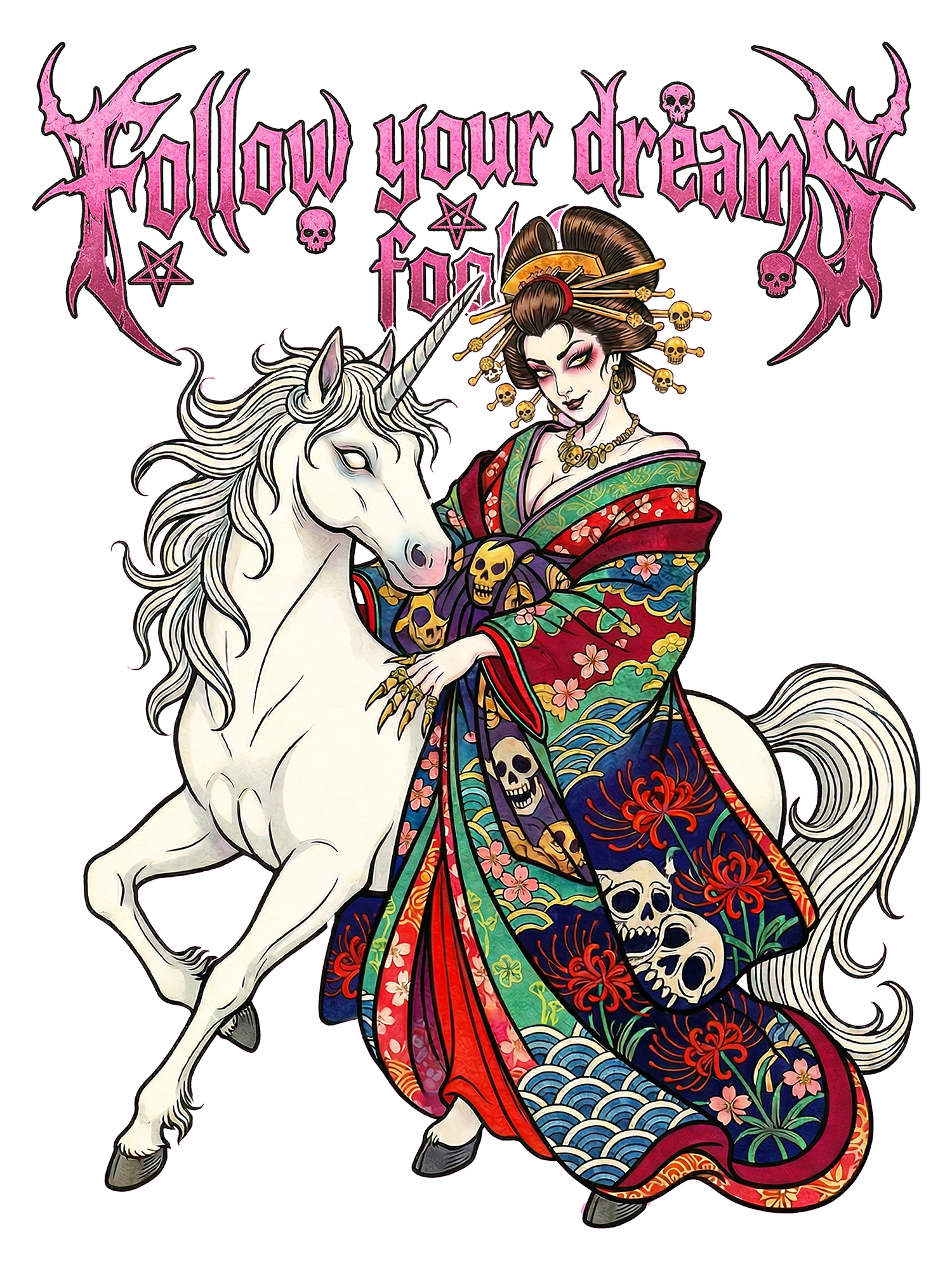 Dark Geisha on White Horse Washed Tshirt