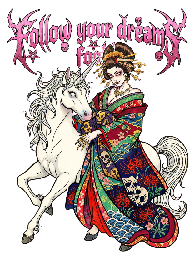 Dark Geisha on White Horse Washed Tshirt