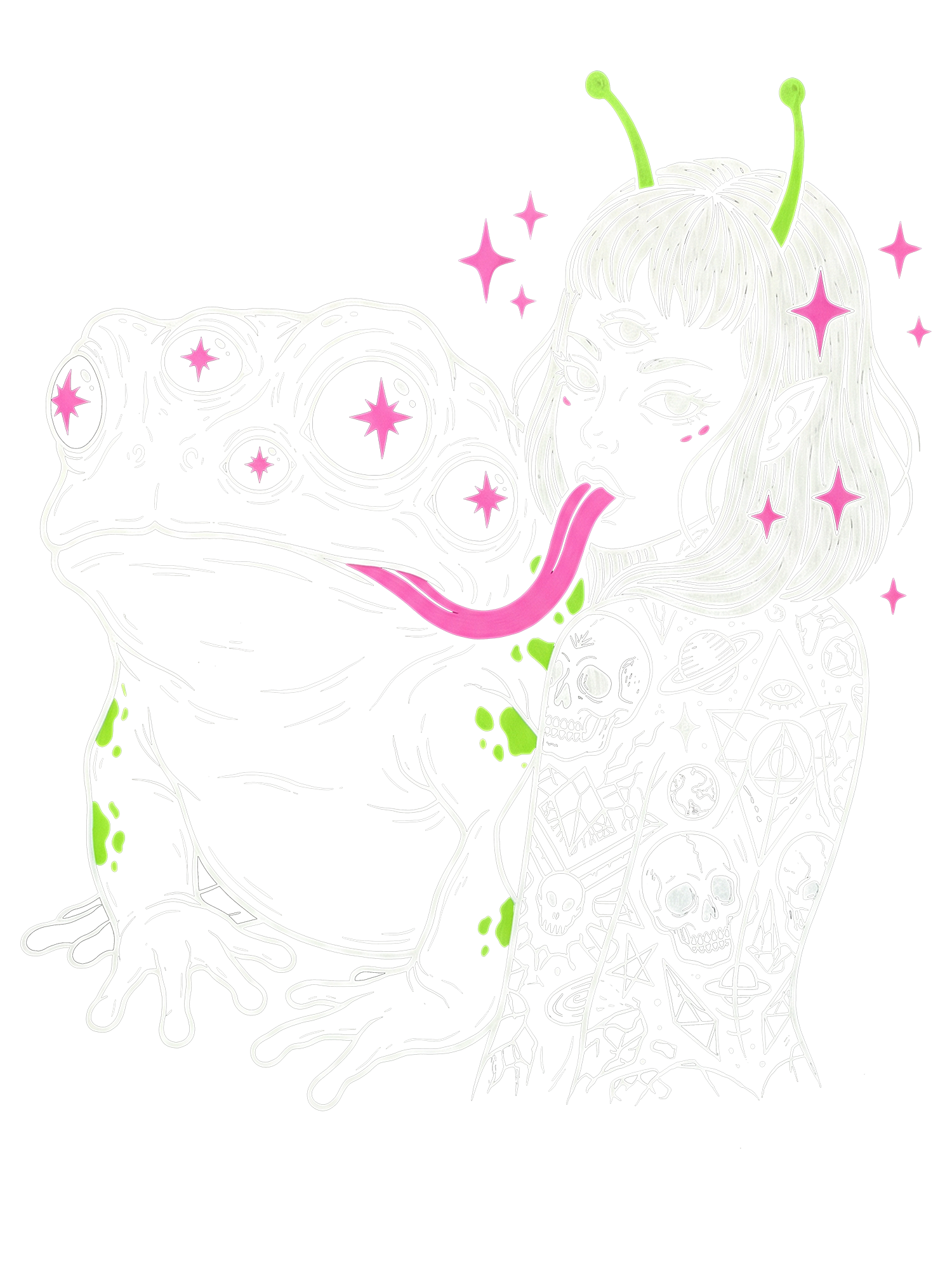 ALIEN GIRL AND MUTANT FROG TONGUE WASHED TSHIRT