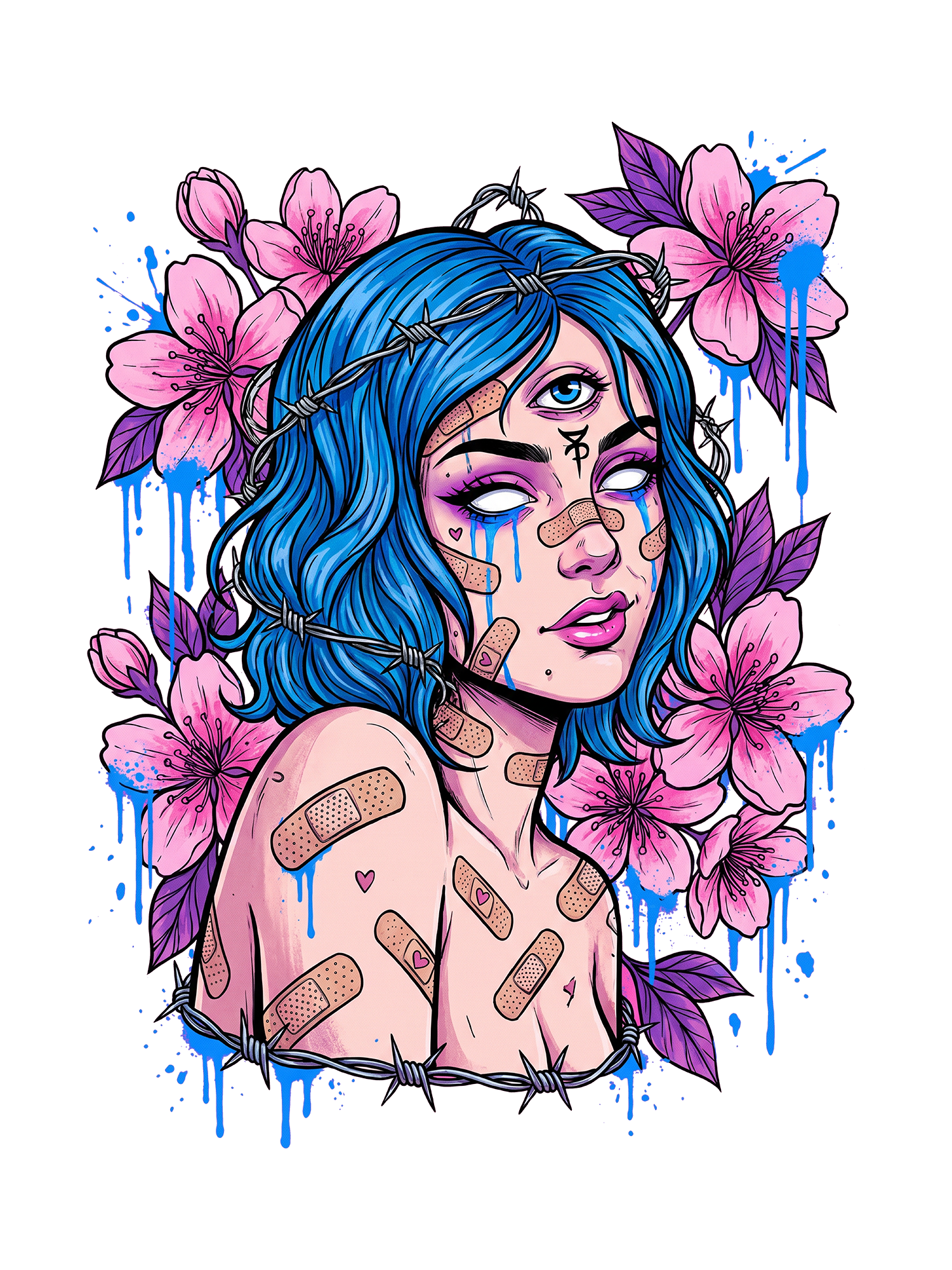 BLUE HAIRED BLOSSOM GIRL WASHED TSHIRT