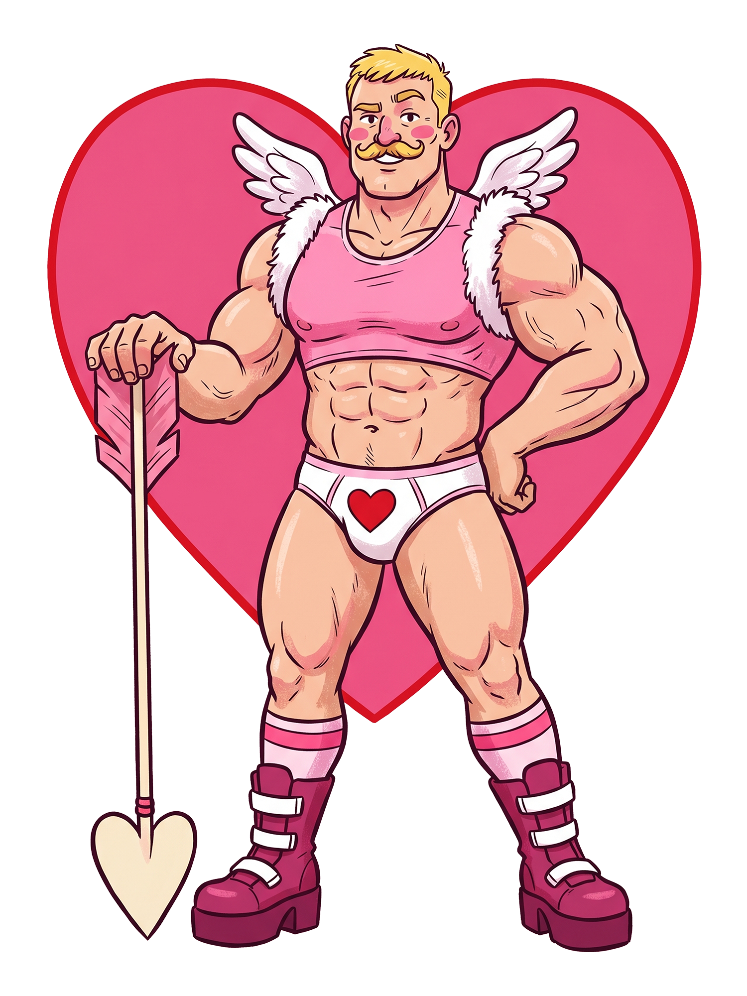 MUSCULAR CUPID IN PINK HEART OUTFIT WASHED TSHIRT