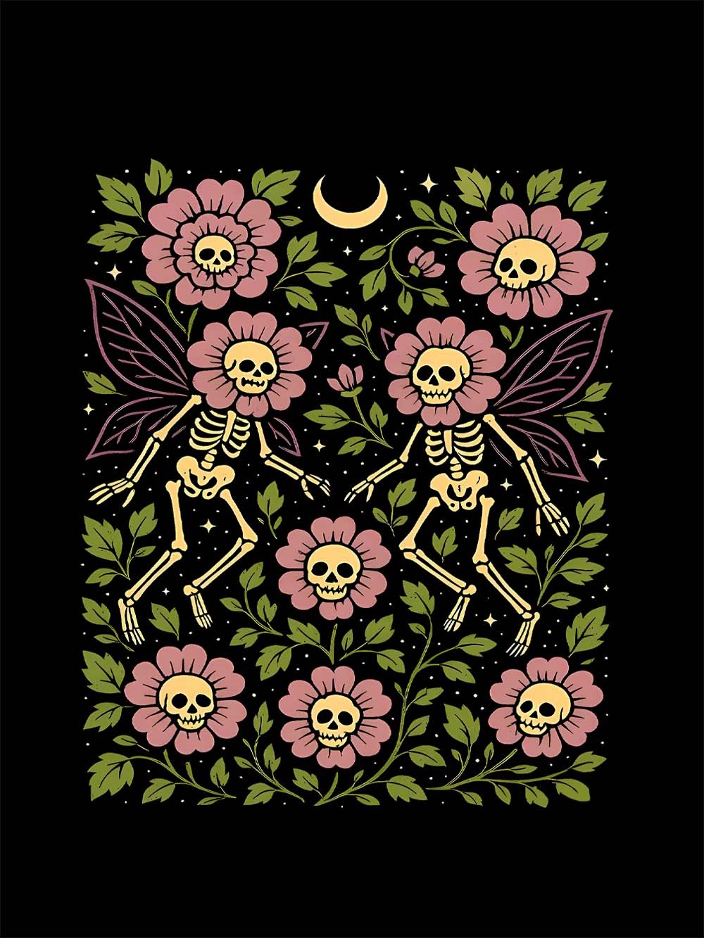 Dancing Skeleton Fairies Under the Moon Washed Tshirt