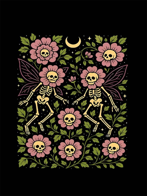 Dancing Skeleton Fairies Under the Moon Washed Tshirt