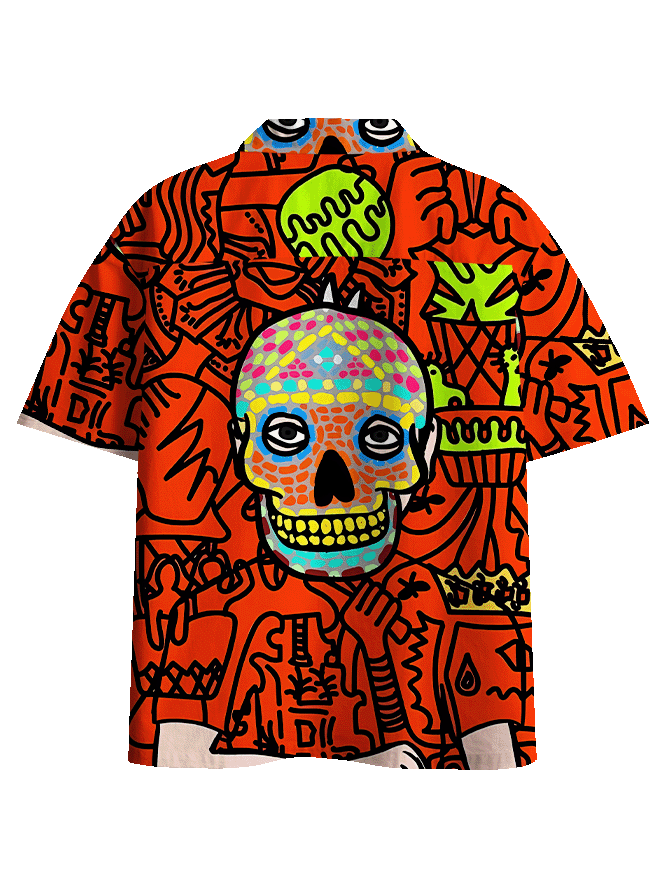 VIBRANT SKULL CHAOS BUTTON UP POCKET SHIRT
