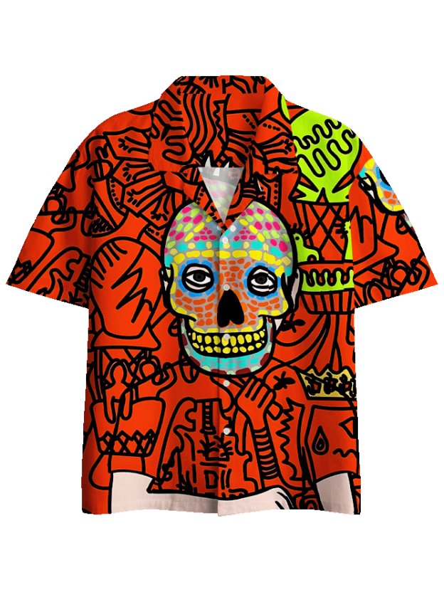 VIBRANT SKULL CHAOS BUTTON UP POCKET SHIRT