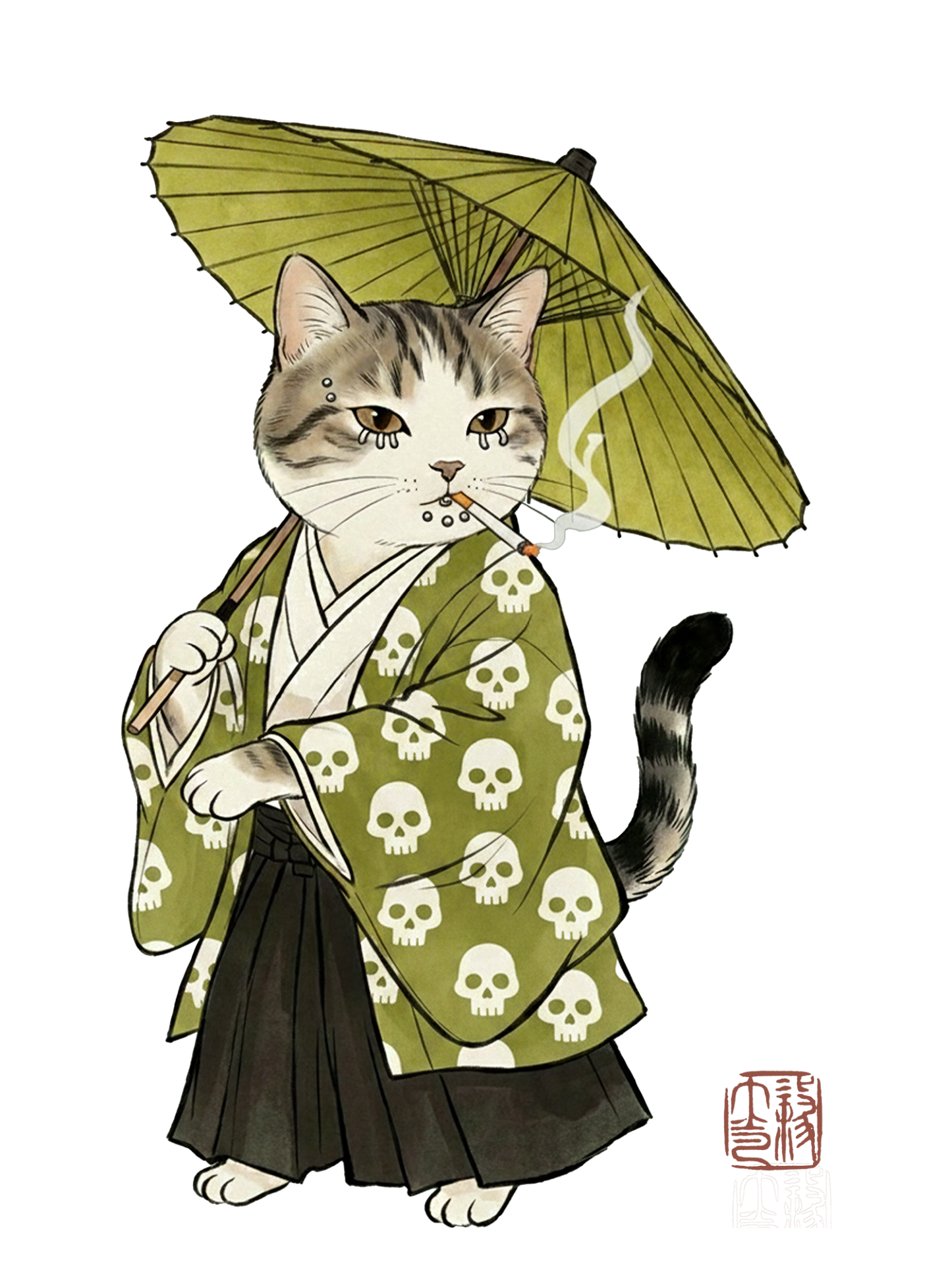 Samurai Cat Ukiyo-e Washed Tshirt