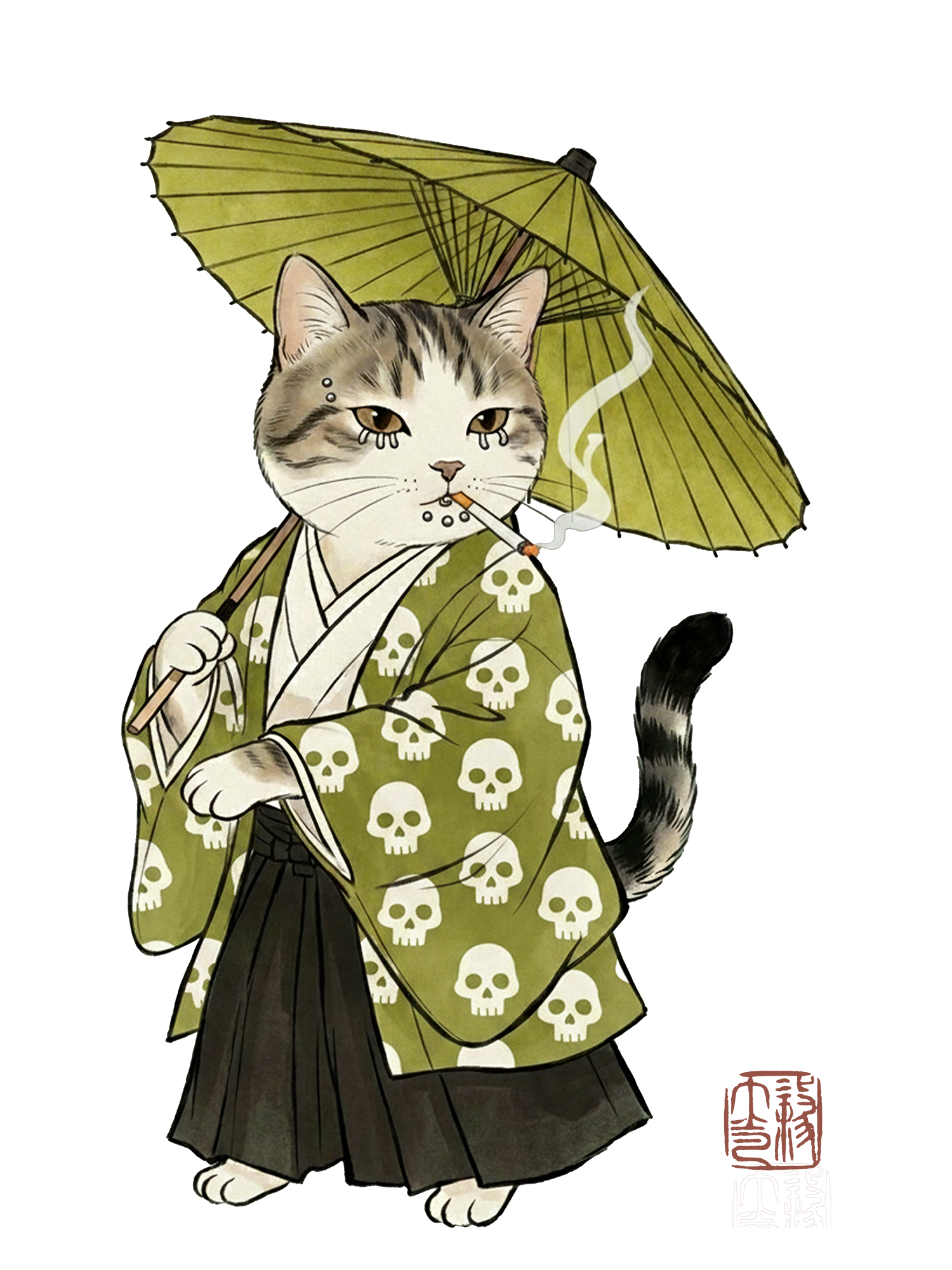 Samurai Cat Ukiyo-e Washed Tshirt