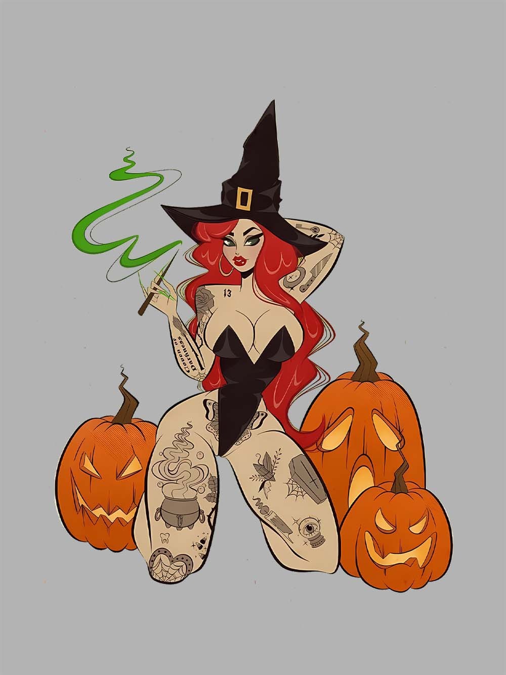 Tattooed Witch and Pumpkins Washed Tshirt