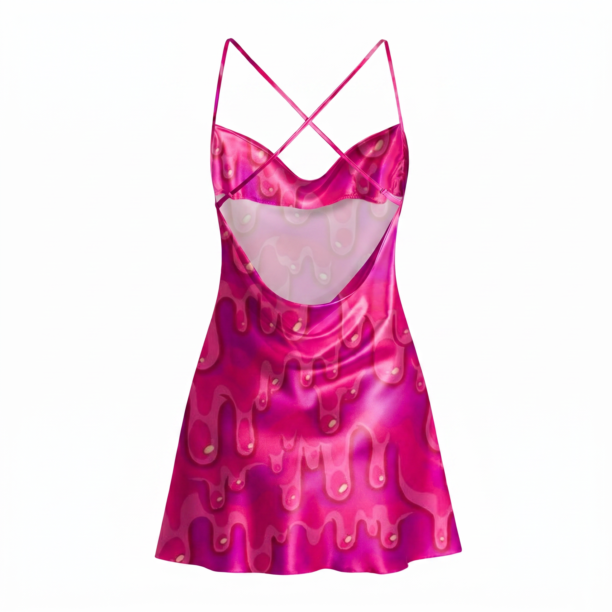 HOT PINK PSYCHEDELIC DRIP SATIN CROSS BACK MINI DRESS